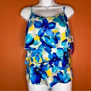 Caribbean Joe Scoop Neck Tropical Floral Print Tankini Swim Top with Ruffles